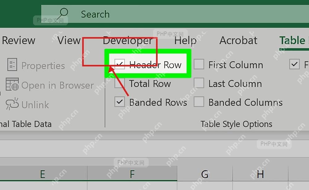 Excel 表设计选项卡中取消 Header Row 标题行复选框