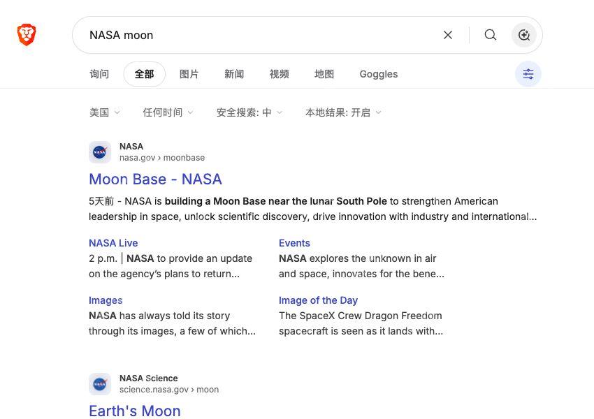 Brave Search已加载的网页结果,显示搜索框、分类、网址和摘要