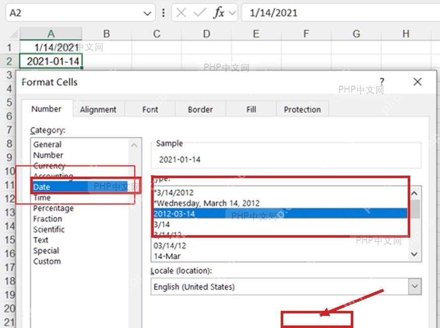 Excel 设置单元格格式窗口选择 Date 分类和日期类型后点击 OK