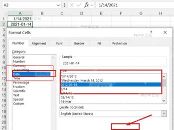 Excel 设置单元格格式窗口选择 Date 分类和日期类型后点击 OK