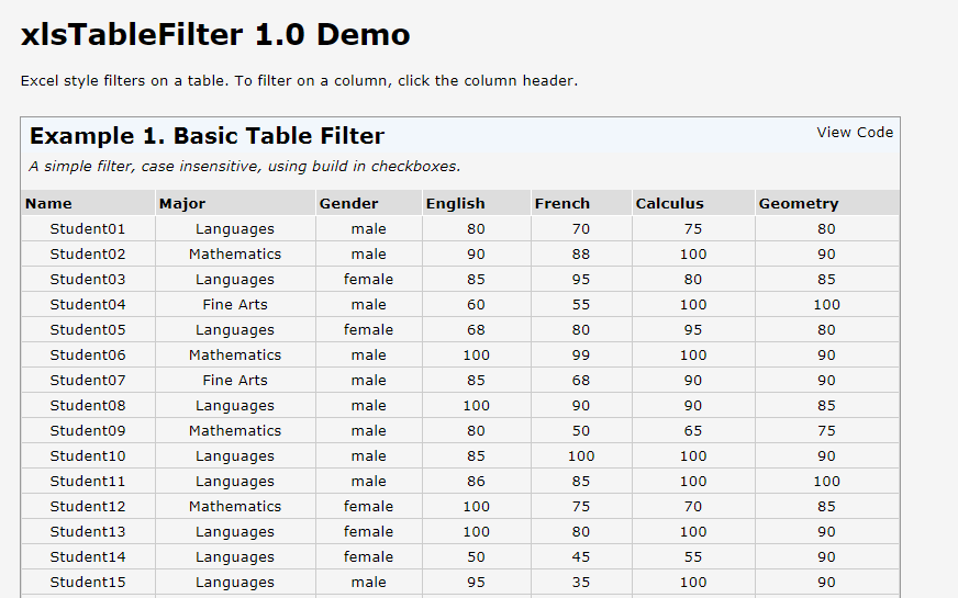jQuery表格筛选插件XLS TableFilter