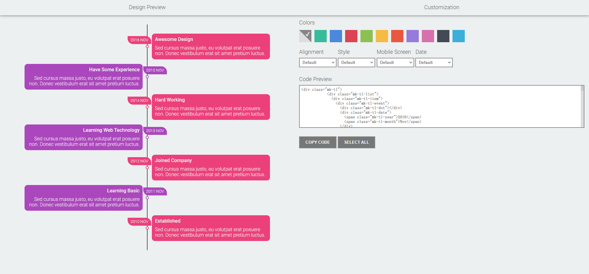 Customizable timeline plugin with editor