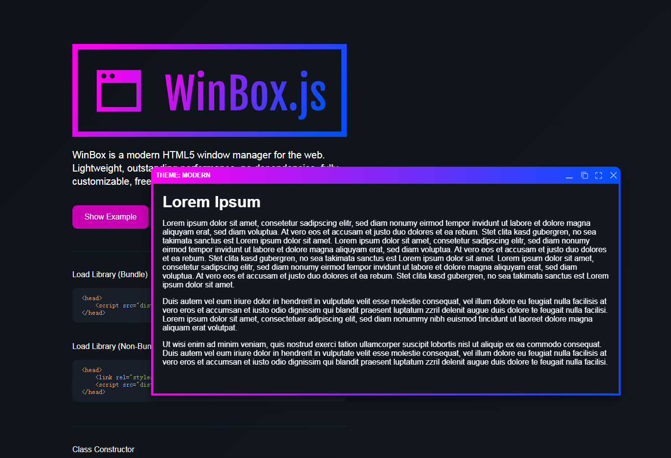 軽量の html5 WinBox.js ページ ポップアップ プラグイン