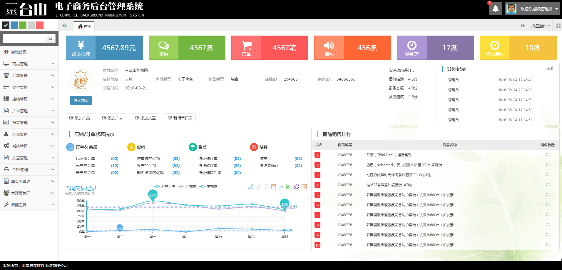 大气通用购物商城后台管理系统网站模板全套