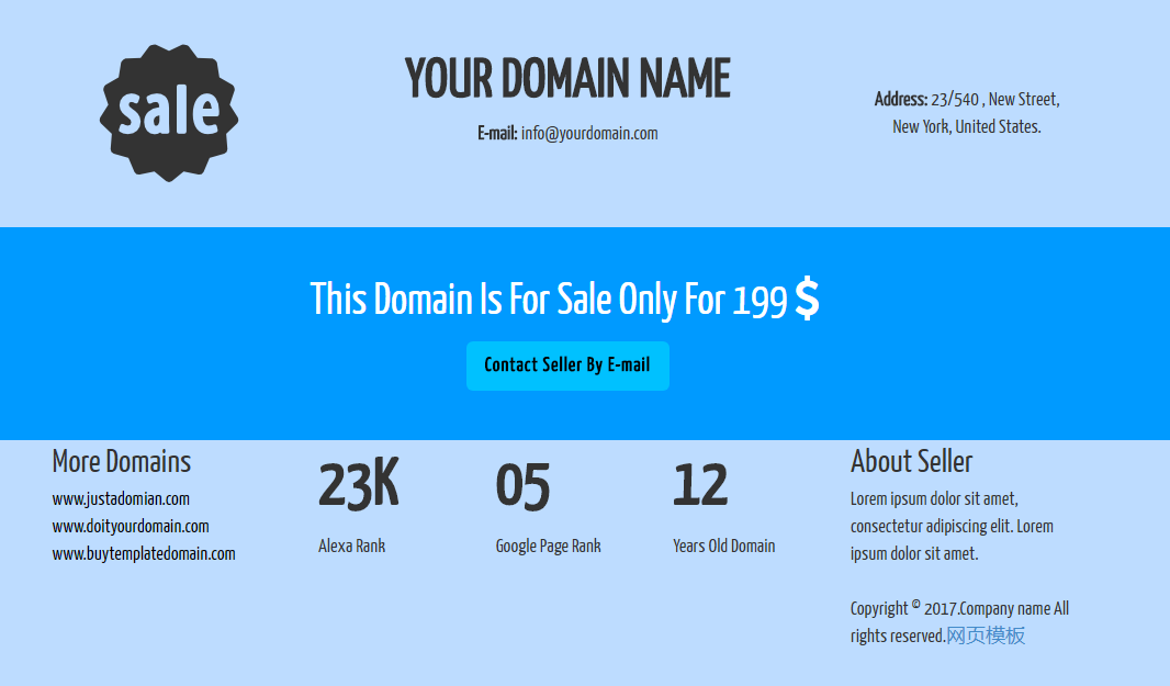 Blue domain name parking and sale single page template