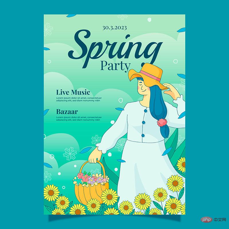 向日葵花丛中采花的女子设计春天海报矢量素材(AI+EPS)