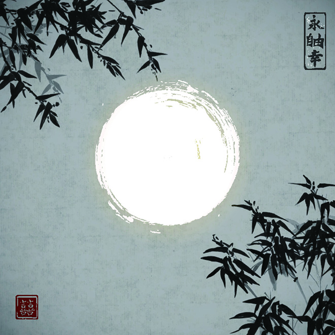 Full moon and bamboo traditional Chinese painting vector material