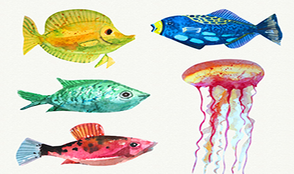 Watercolor painted marine life vector material