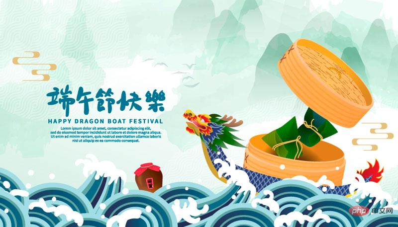 Dragon boat steamer rice dumplings and realgar wine design Happy Dragon Boat Festival background Vector material (EPS)