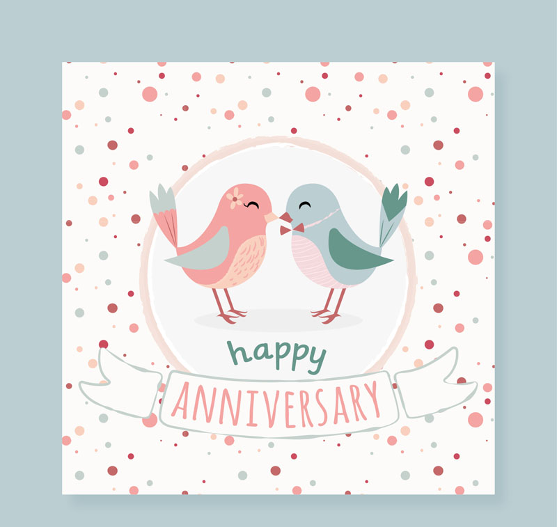 Cartoon couple birds anniversary greeting card vector illustration