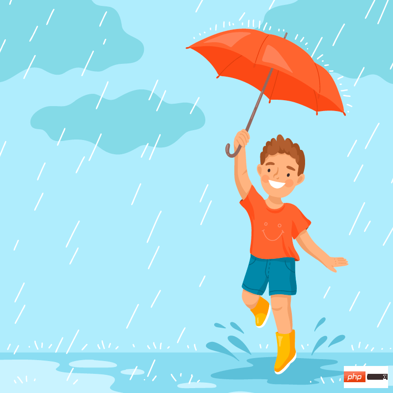 Little boy running in the rain holding an umbrella and wearing rain boots Boy vector material (AI/EPS)