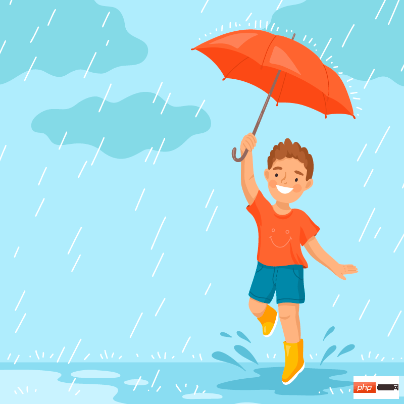 撑着雨伞穿着雨鞋在雨中奔跑的小男孩矢量素材(AI+EPS)