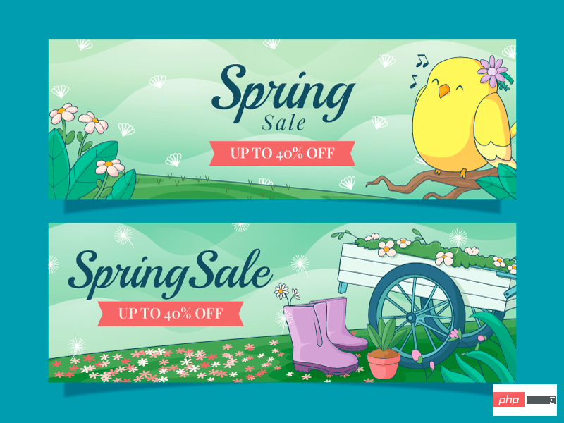 Singing bird and cart filled with flowers design spring banner vector material (AI EPS)