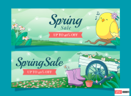 Singing bird and cart filled with flowers design spring banner vector material (AI EPS)