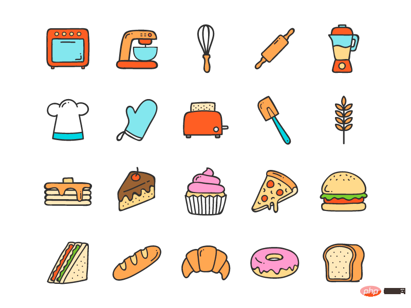 20个手绘涂鸦风格的餐饮工具和食物图标矢量素材(EPS+免扣 PNG)