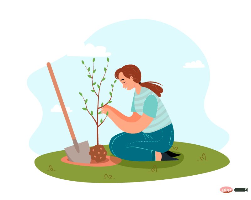 蹲在地上种树的女子矢量素材(EPS)