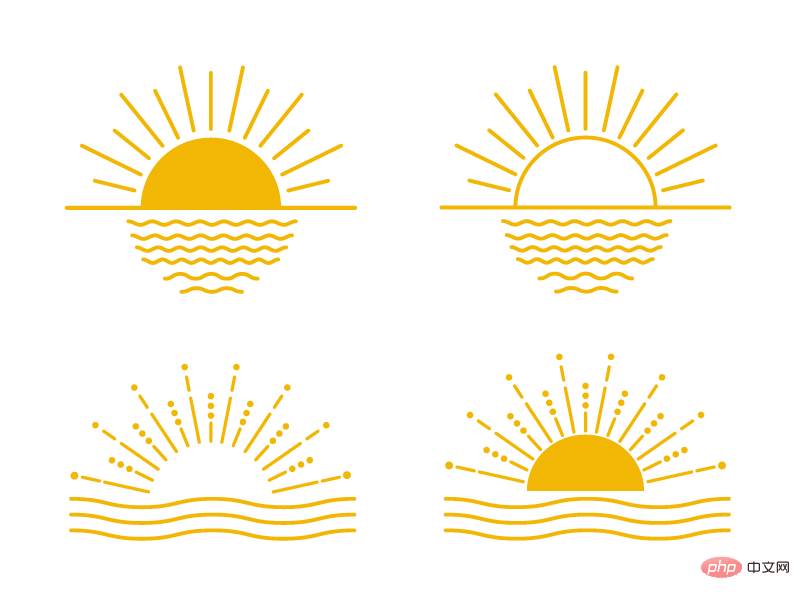 四个从海平面升起的太阳简笔画矢量素材(EPS+PNG)
