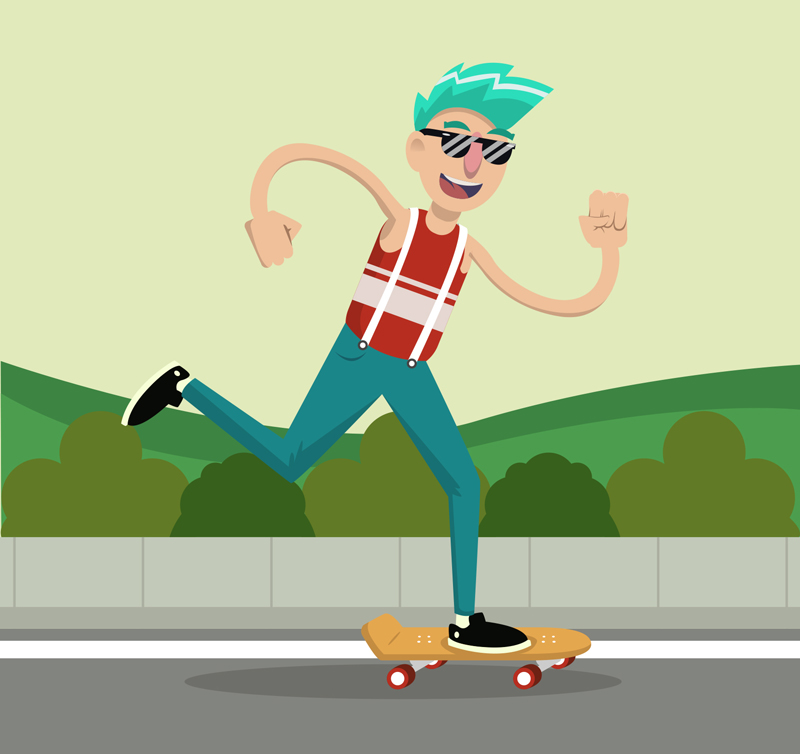 玩滑板的藍髮男子向量素材