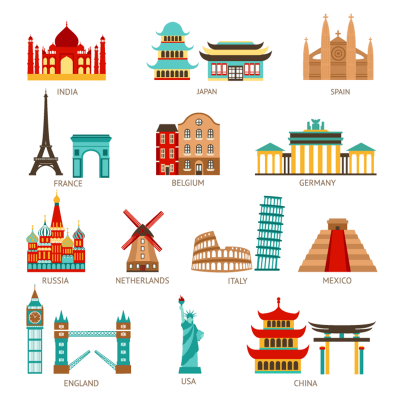 Landmark building icons of various countries vector material (EPS+PNG)