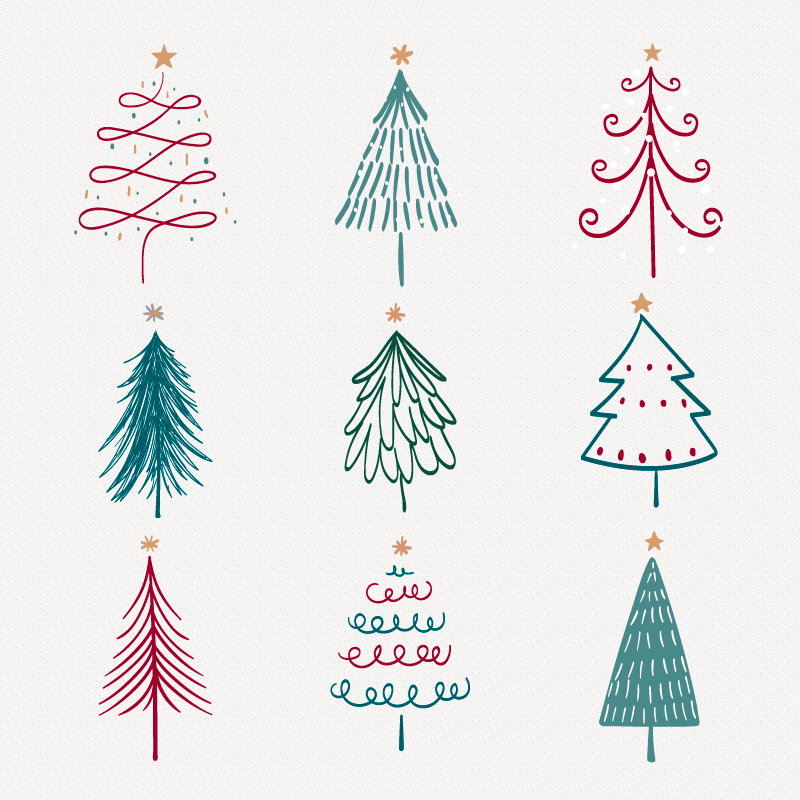 九棵涂鸦风格的圣诞树矢量素材(EPS+PNG)