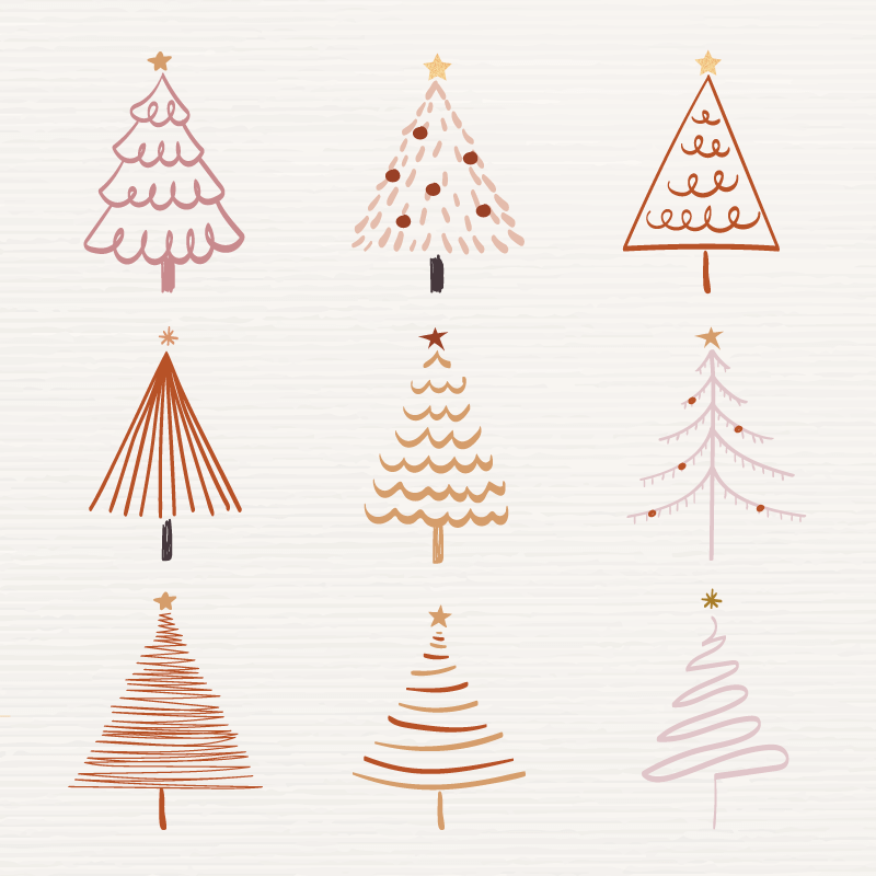 九个涂鸦风格的圣诞树矢量素材(EPS+PNG)