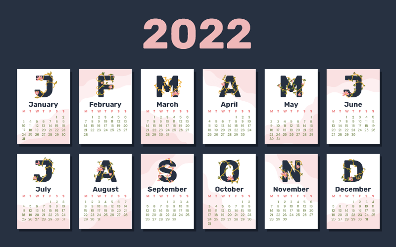 花卉字母设计2022年日历矢量素材(AI+EPS)