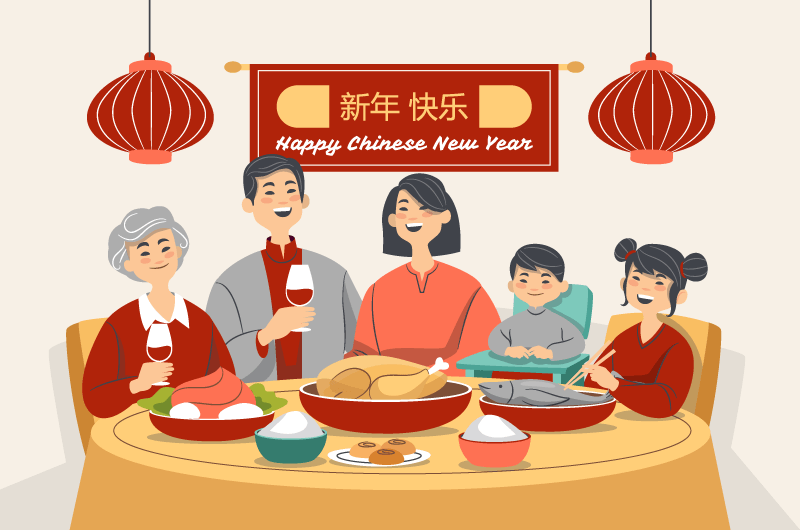 春节快乐一家人开心吃年夜饭矢量素材(AI+EPS)