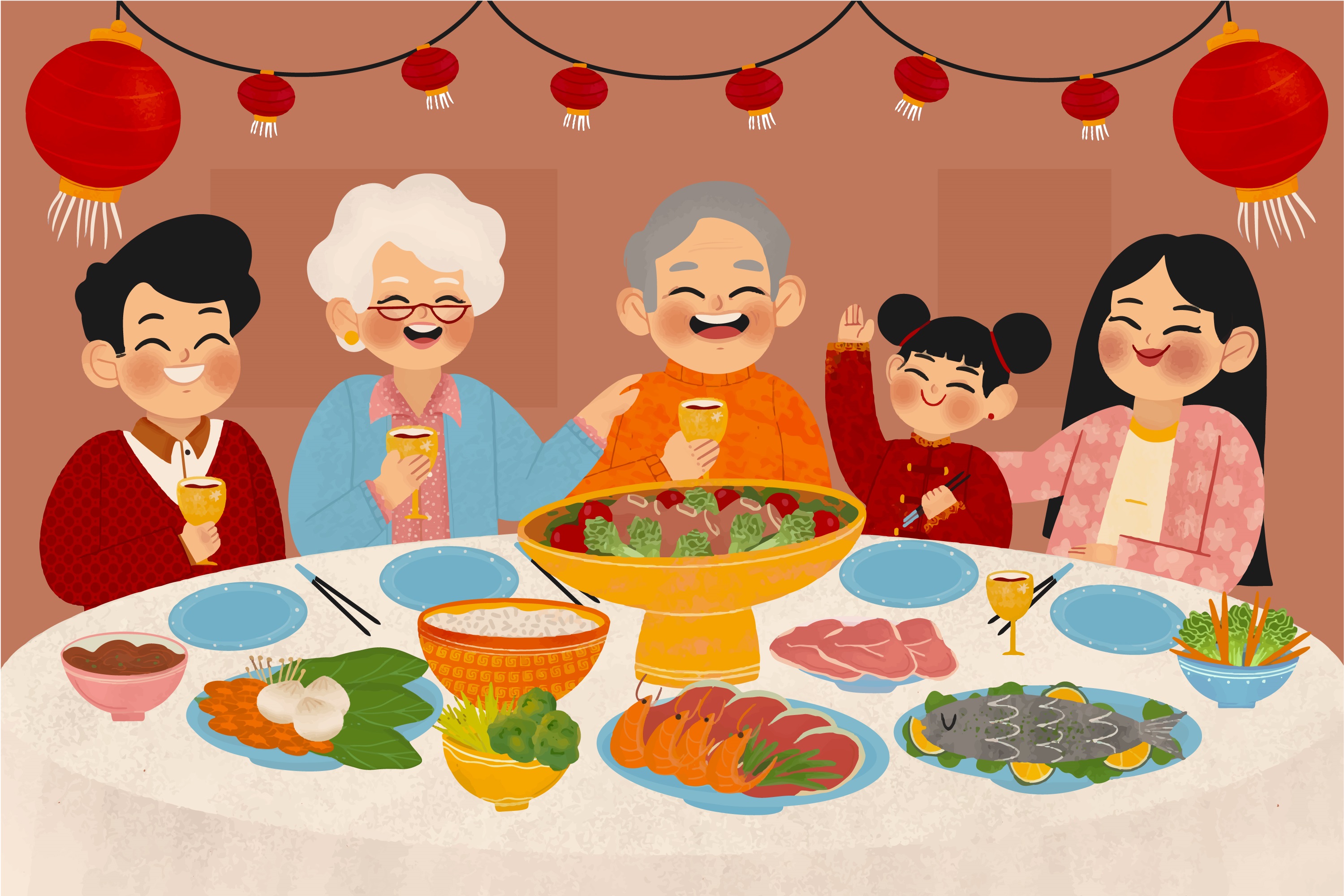 春节快乐一家人开心吃年夜饭矢量素材2(AI+EPS)