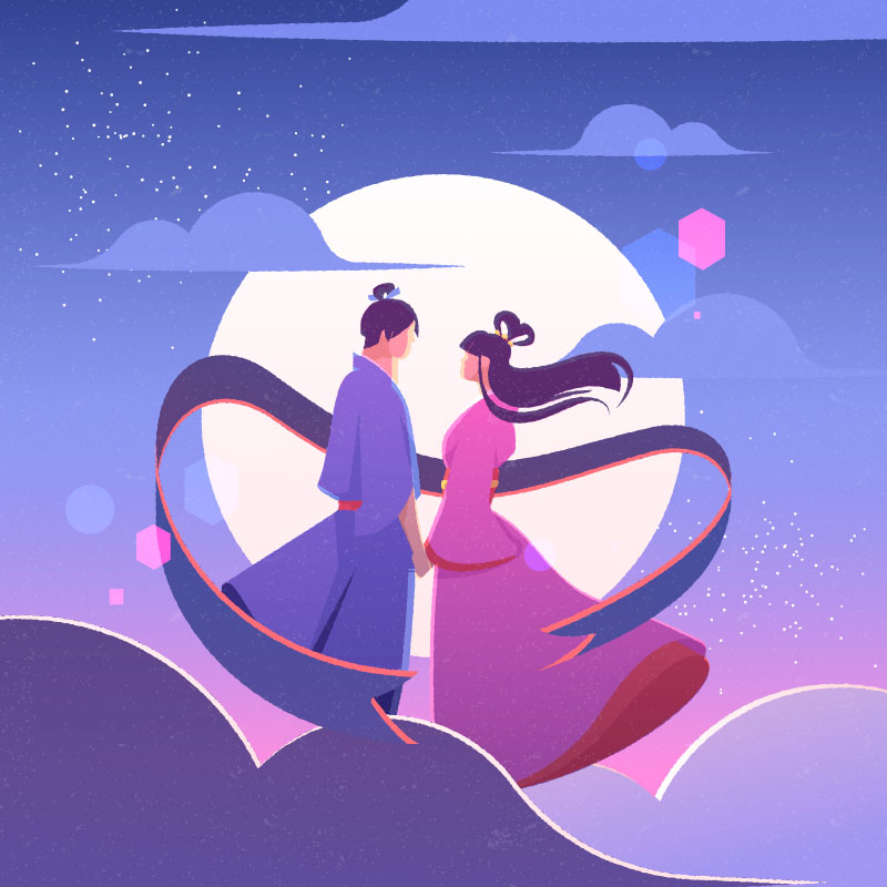 在月亮上相遇的牛郎织女七夕节背景矢量素材(AI+EPS)