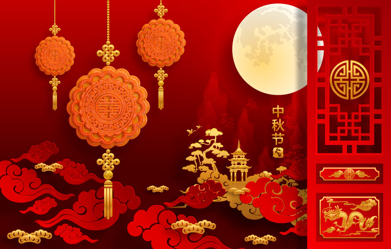 Realistic mooncake and moon design Mid-Autumn Festival background vector material (EPS)