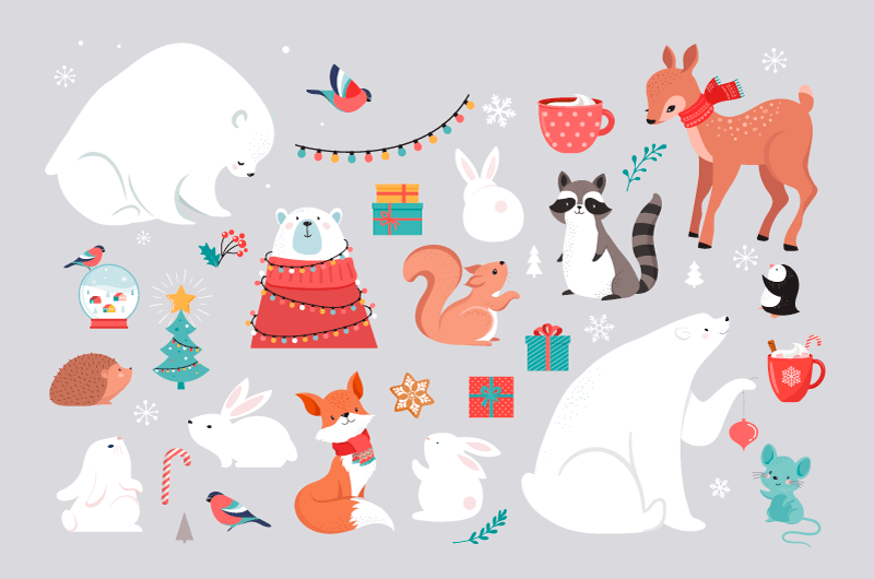 庆祝圣诞节的动物们和各种各样的圣诞节装饰矢量素材(EPS+PNG)