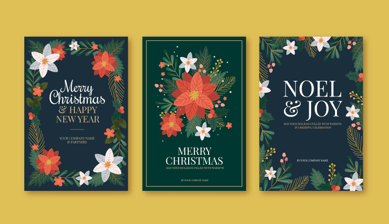 三张花卉设计的圣诞节卡片矢量素材(AI+EPS)