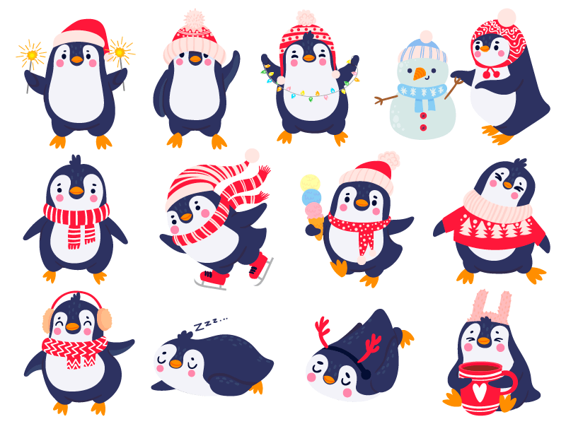 开心庆祝圣诞节的企鹅矢量素材(EPS+PNG)