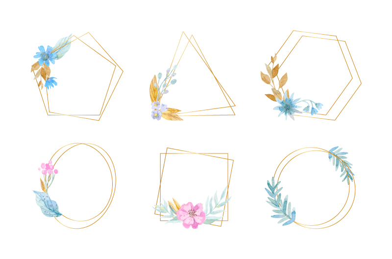 六个水彩花朵设计的金色边框矢量素材(AI+EPS+PNG)