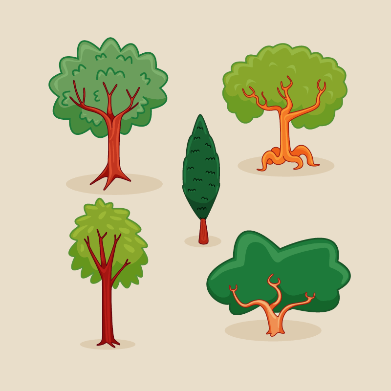 五棵手绘风格的植树节树木矢量素材(AI+EPS+PNG)